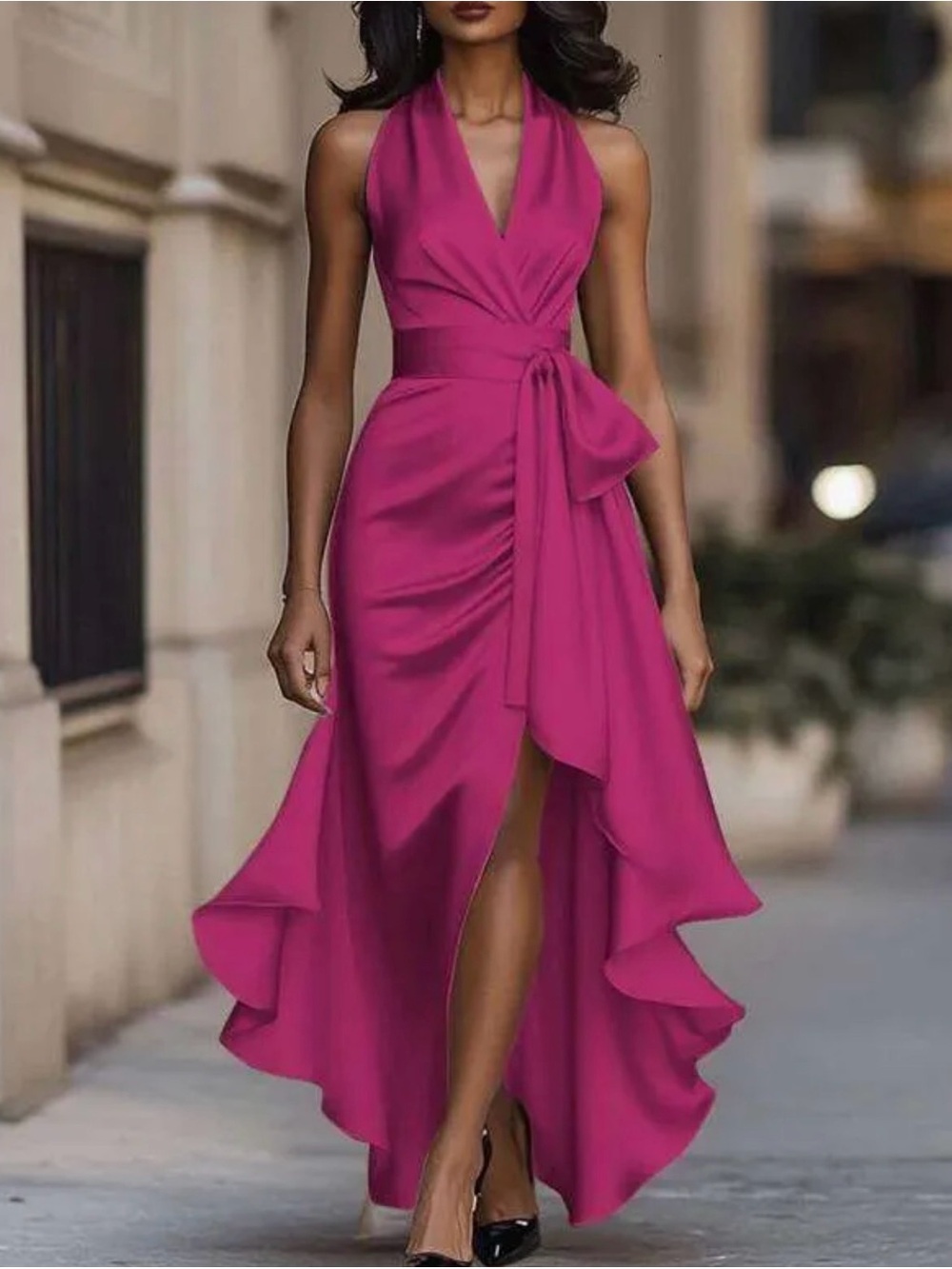 Elegant Halter Fuchsia High-Low Dress with Waist Tie